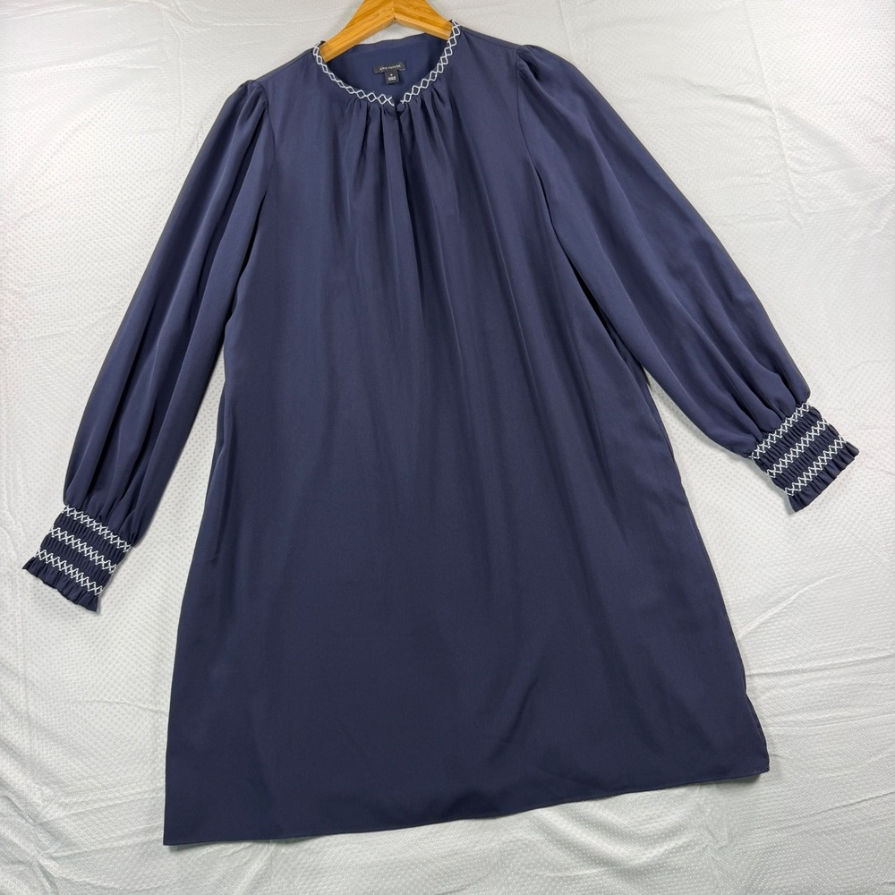 Ann Taylor Womens M Navy Blue Embroidered Shift Dress Smocked Sleeve Knee Length